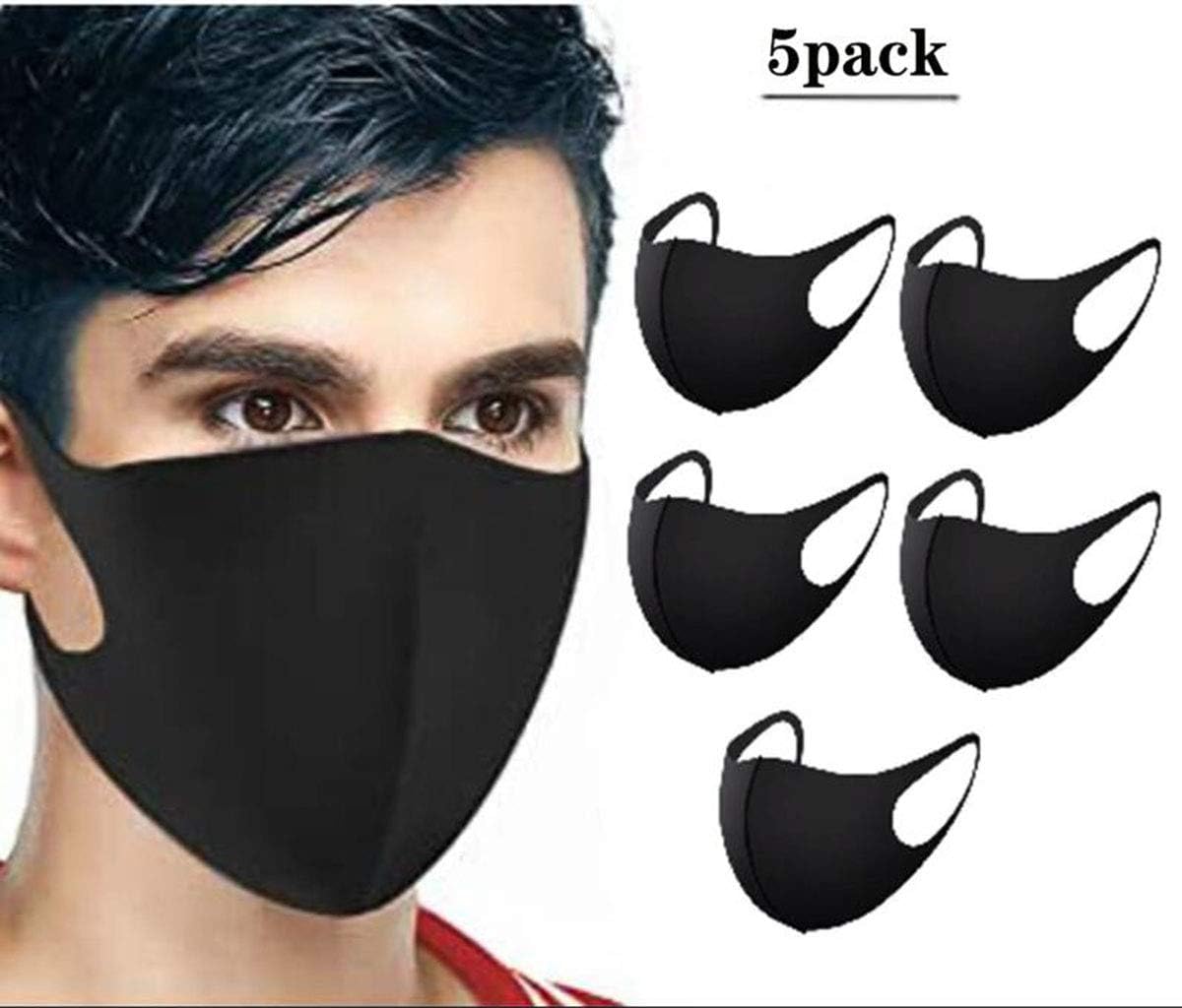 Mouth Mask, Cotton Soft Half Face Mask Washable Anti-Fog Dust Protection Mask Fashion Kawaii Cool Bear Panda Mask for Men and Women (5 Pack) Black