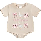 Bagilaanoe Summer Clothes Newborn Baby Girl Short Sleeve Bubble Romper Bow Goose Printed Bodysuit Top