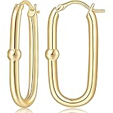 Yezhenhan Gold Earrings for Women 14k Gold Hoop Earrings for Women Square Hoop Earring for Womens Square Oval-Shaped Design with A Small Round Bead Dainty Hoops Earring for Womens Hoops Trendy 33mm