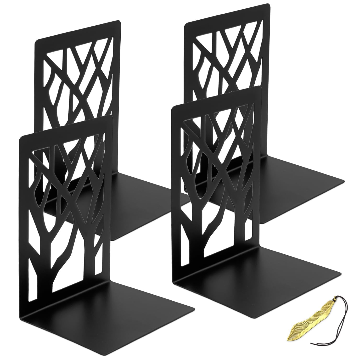 Mgood Book Ends, Metal Bookends, 2 Pair Black Book Ends for Shelves, Heavy Duty Bookend Book Holders for Shelves, Non Skid No Rusting Book End, Unique Designs Book Stopper for Home, Office, Library