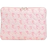 Puffy Laptop Sleeve 13-15 Inch, Cute Bow Laptop Protective Case, Quilted Padded Computer Cover, Aesthetic Carrying Tablet Bag (A04-Pink, 13-14inch)