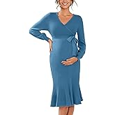 V FOR CITY Maternity Sweater Dress for Baby Shower Party Wrap V Neck Puff Sleeve Tie Waist Pleated Midi Dresses