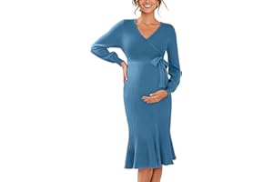 V FOR CITY Maternity Sweater Dress for Baby Shower Party Wrap V Neck Puff Sleeve Tie Waist Pleated Midi Dresses