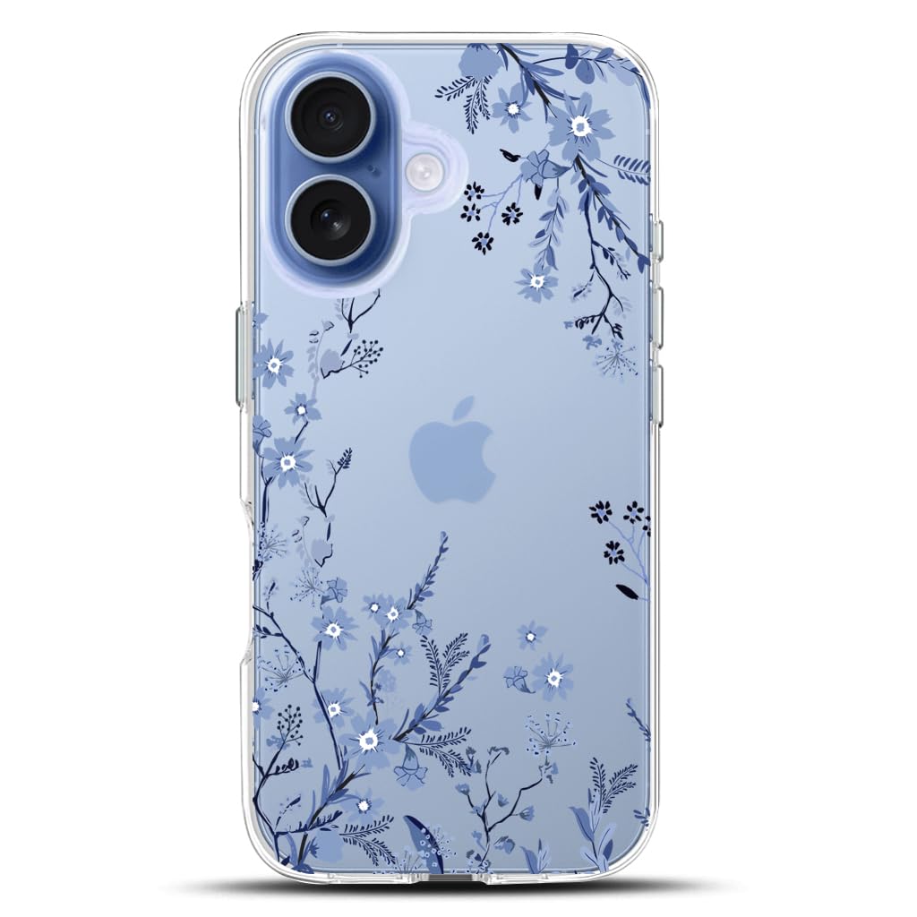 KEXAAR Compatible with iPhone 17 Case, Clear Floral Blue Flower Shockproof Protective Bumper Hard Back Slim Cute Clear Phone Cover for Women Girls 2025 6.3", Blue Floral 17