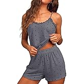 JUSTFASHIONNOW Womens Pajama Sets Shorts Cute Tank Top Short Set Ruffle Polka Dot Pj 2 Piece Summer V Neck Lingerie Sleepwear