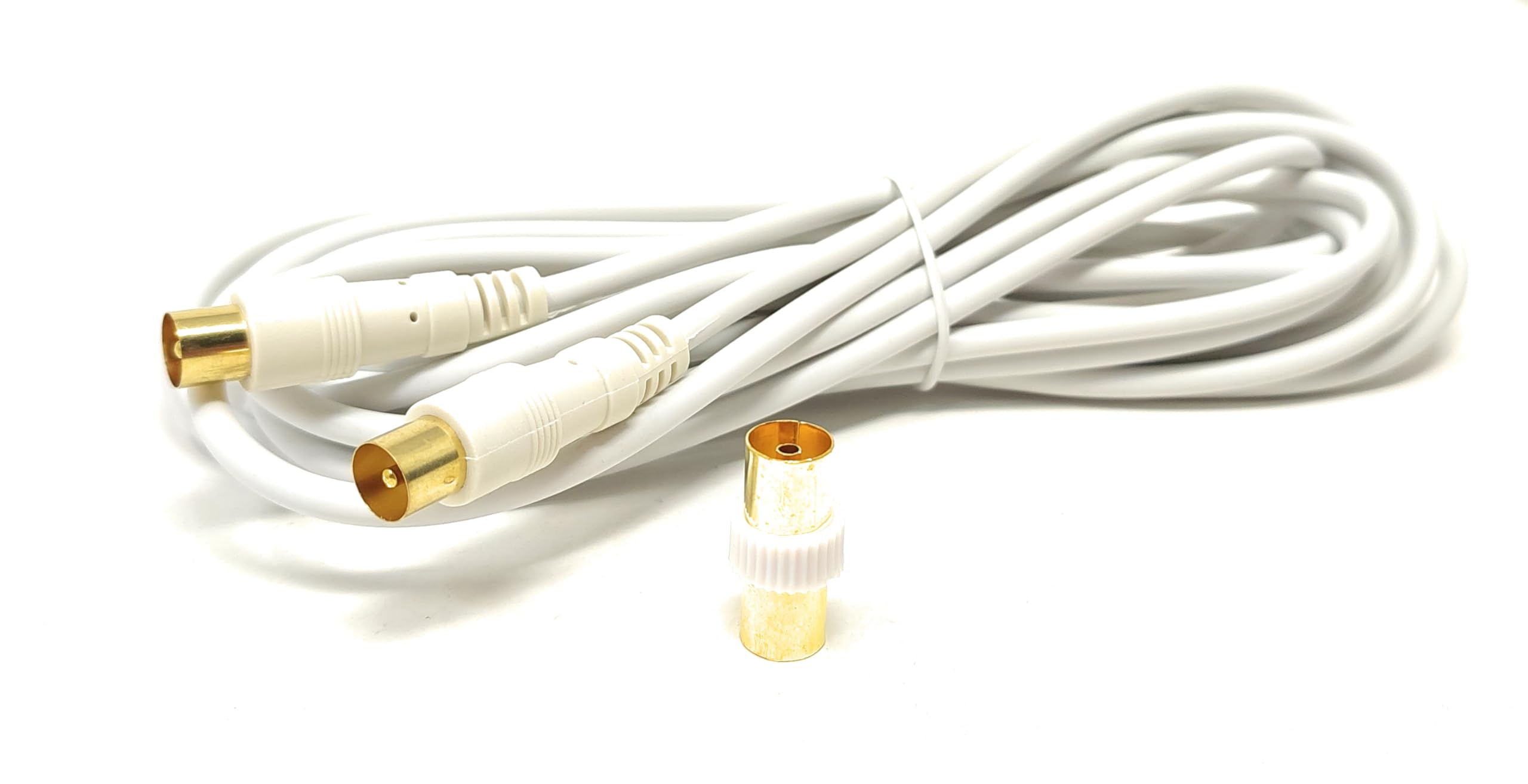 5m TV Aerial Coaxial Cable Male to Male, Satellite RF Antenna Coax RG59 Lead Gold Plated Connectors with Female Coupler (Straight, White, 5m)