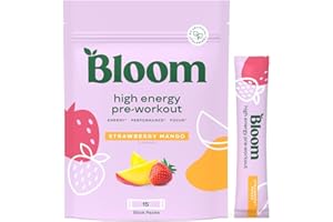 Bloom Nutrition High Energy Pre Workout Powder for Women - Natural Caffeine Powder from Green Tea Extract, w/Beta Alanine, Ginseng & L Tyrosine, Sugar Free & Keto Stick Packs (Strawberry Mango)