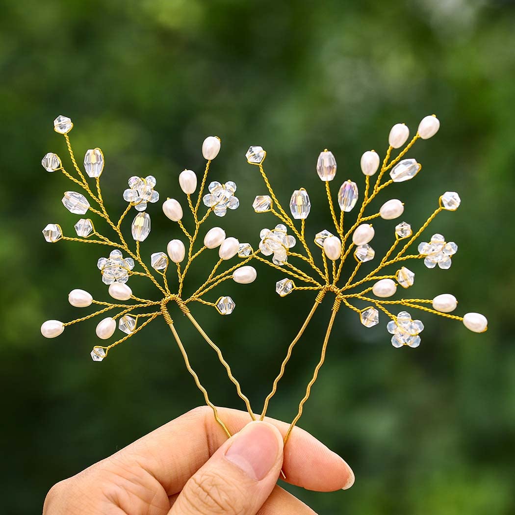 IYOU Bridal Wedding Hair Pins Gold Crystal Headpiece Sparkly Rhinestones Hair pieces Flower Pearl Bride Hair Accessories for Women (Pack of 2)
