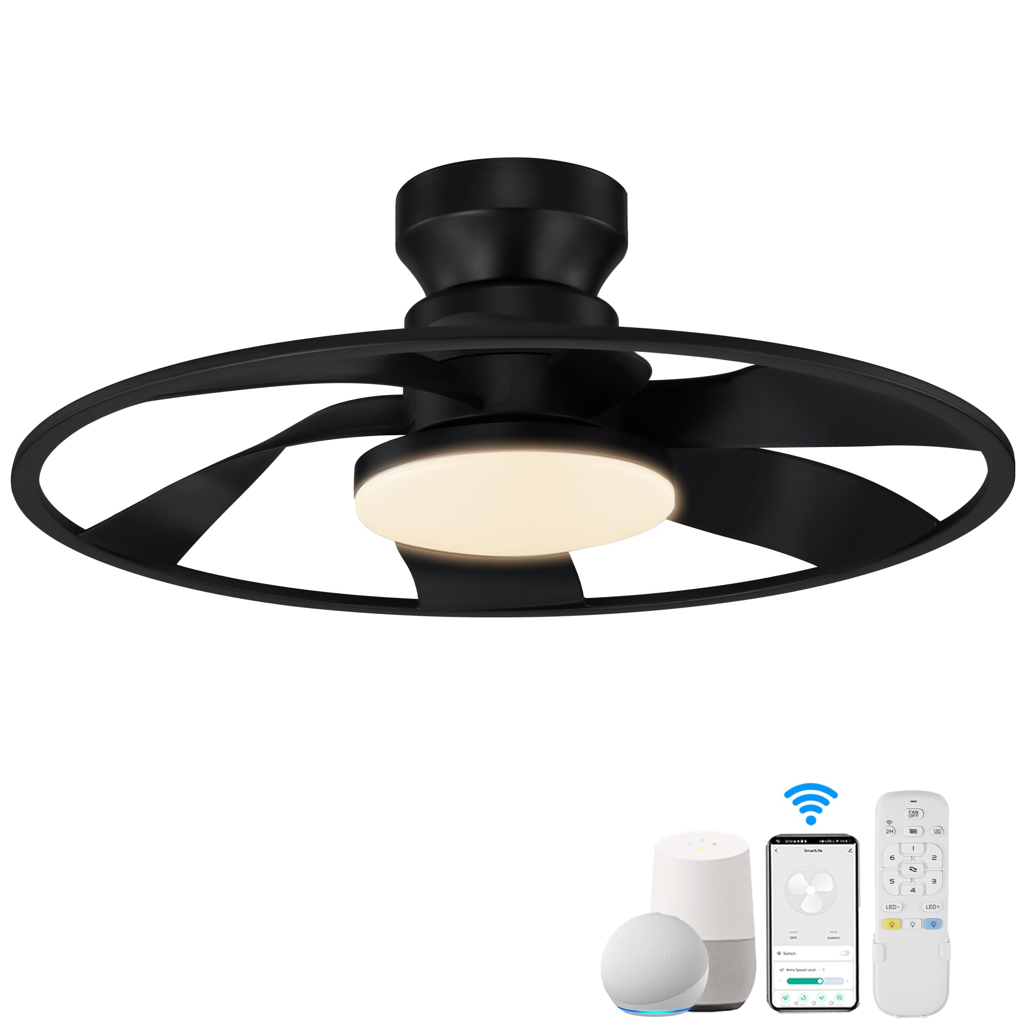 Hoenofly 22” Smart Low Profile Ceiling Fans with Lights Remote,Quiet DC Motor,Bladeless Flush Mount Ceiling Fan Controlled by WiFi Alexa App,Modern Black for Small Indoor Bedroom Outdoor Patio