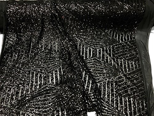 BLACK GEOMETRIC DESIGN EMBROIDER ON A BLACK 4 WAY STRETCH POWER MESH-BY YARD