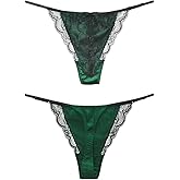 SilRiver Women's Satin Silk G-String Thongs Sexy Panties Luxury Tangas Lingerie with Adjustable Straps & Contrast Black Lace