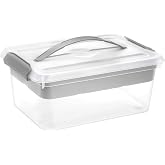 Yesland Portable Craft Storage Box with Removable Tray and Handle, 16x11x6.5 Inch Plastic Art Supply Organizer Container for Stationery, Sewing, Jewelry - Grey