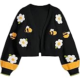 SHENHE Women's Cute Floral Bee Embroidered Crop Cardigan Open Front Lantern Sleeve Knit Sweater