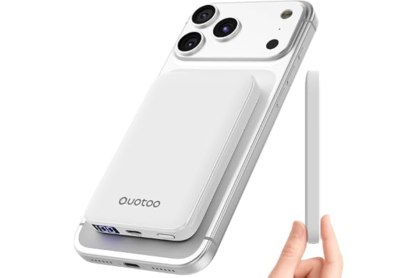 Ouotoo Ultra-Thin Magnetic Power Bank 5000mAh, 15W Qi Fast Wireless Charging Portable Battery Pack, 20W USB-C PD Magsafe Compatible for iPhone 17 16 15 14 13 12, LED Display/Portable/Travel/Pocket