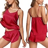 Ekouaer Silk Pajamas for Women Satin Cami Pjs Set V Neck Camisole Shorts Set Adjustable Strap Sleepwear