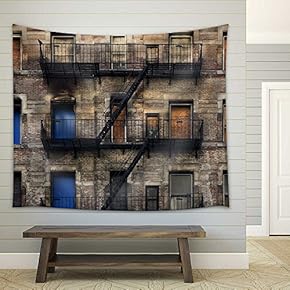 Facade with Fire Rescue of an Old House in New York - Fabric Wall Tapestry Home Decor - 51x60 inches