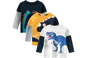 amropi Baby Boys 3 Pack Striped T-Shirt Long Sleeve Cotton Crew Neck Tee Shirts Top 1-8 Years
