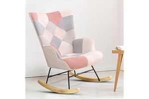 Unovivy Rocking Chair Nursery, Upholstered Nursing Armchair with Wooden Base, Baby Glider Rocker with Backrest, Small Gliding Seat for Bedroom, Living Room, Office, Patchwork Pink