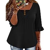 TFSDOD Womens Plus Size 3/4 Ruffle Sleeve Tunic Tops V Neck Pleated Dressy Casual Shirts Floral Print Blouses (1XL-5XL)