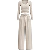 Simlakey Women's 2 Piece Lounge Set 2025 Fall Travel Outfits Knit Long Sleeve Top Henley Shirt Wide Leg Pants Airport Clothes