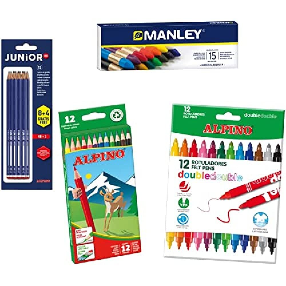 Alpino School Supplies AL000966 12 Colouring Pencils + 12 Double/Double Felt Tip Pens + 12 Graphite Pens + 15 Manley Wax Crayons