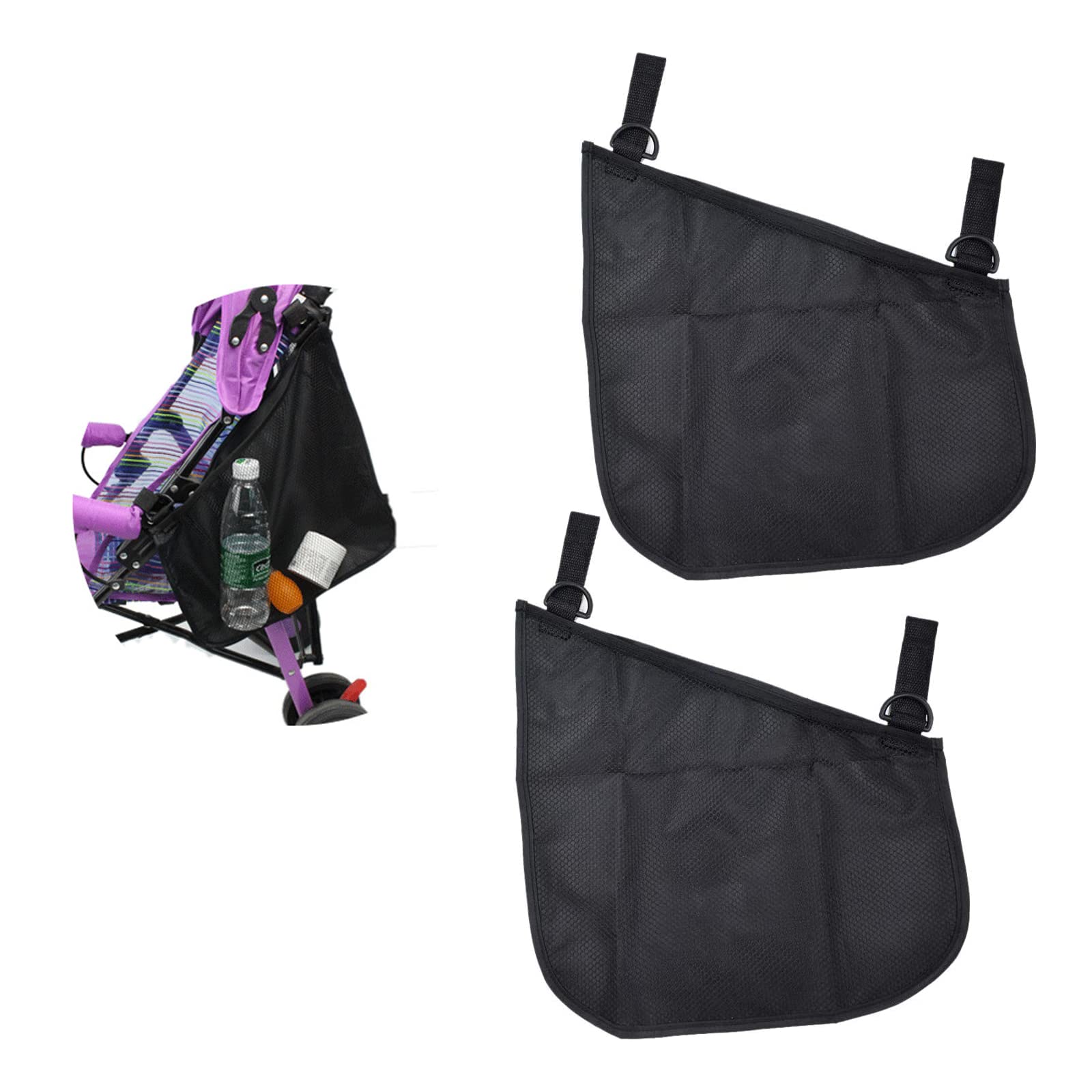 2 Pack Universal Baby Stroller Side Sling Mesh Cargo Net Bag and Organizer, Extra Stroller Storage Space, Non-Slip and Adjustable Straps, Black