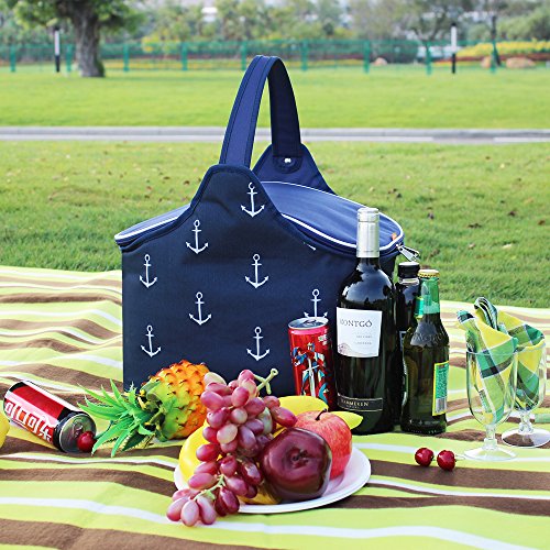 YONOVO 20L Folding Picnic Basket Large Insulated Bag Waterproof for Gathering Travel Camping BBQ (Blue-Anchor Motif) - Thumbnail 6