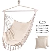 Hanging Hammock Chair Swing - Max 660 Lbs(500lbs Rated), Hanging Rope Swing with 2 Cushions for Backyard, Bedroom, Removable Steel Spreader Bar with Anti-Slip Rings, for Indoor or Outdoor (Beige)