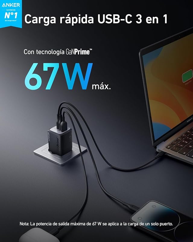 Carregador anker 67w usb-c, carregador de parede anker prime gan, carregador rápido dobrável compacto de 3 portas, para macbook pro/air, ipad pro, iphone 14/pro, galaxy s23/s22, note20, pixel, apple watch e muito mais