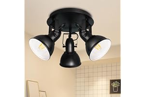 HiBay Ceiling Light Fixtures, 3-Lights Adjustable LED Spotlight, Industrial Track Lighting Black with Round Plate for Kitchen, Living Room, Office, E26 Base, Black (Bulbs Not Included)
