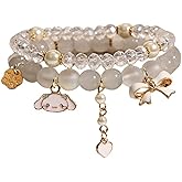 Kawaii Bracelets Crystal Beads Cinnamoroll Bracelet Set Cute Cartoon Elastic Beaded Bow Pearl Bracelets Anime Jewelry Christmas Stocking Stuffers for Women Bff Friendship (White)