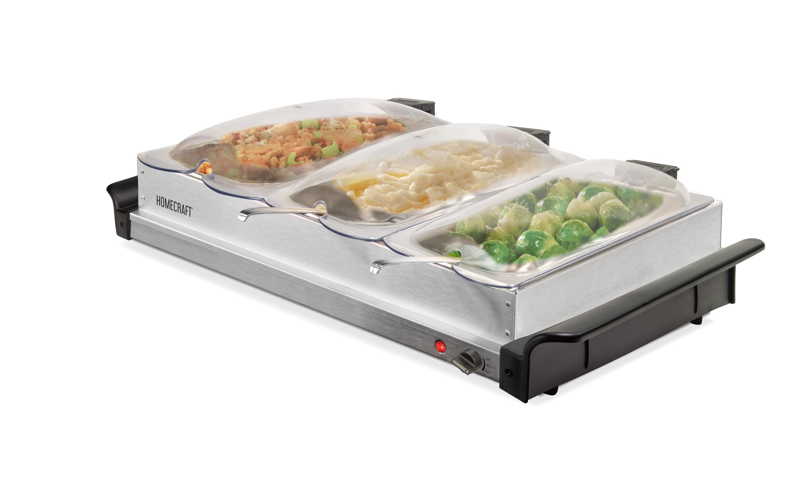 Homecraft Triple 2.5 Quart Buffet Server Slow Cooker & Warming Tray, Adjustable Temperature Control, Safety Switch – Perfect for Dinner, Appetizers, Party Serving – Hinged Lids with Spoon Slots Image