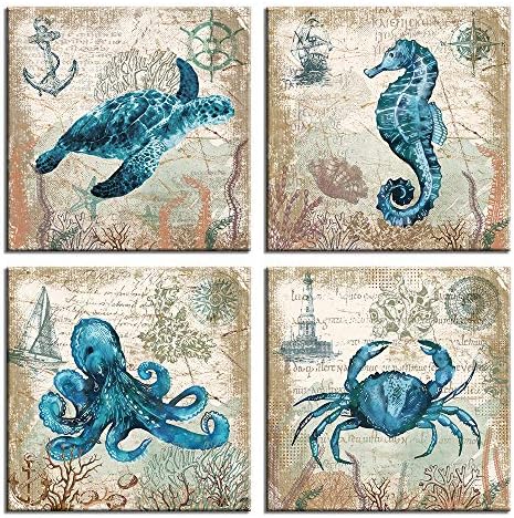 chengjing Canvas Wall Art Animal Painting Canvas Prints Bathroom Bedroom Living Room Wall Decoration Sea World Modern Art Stretched and Frame Painting on Canvas Turtle Octopus Seahorse Crab