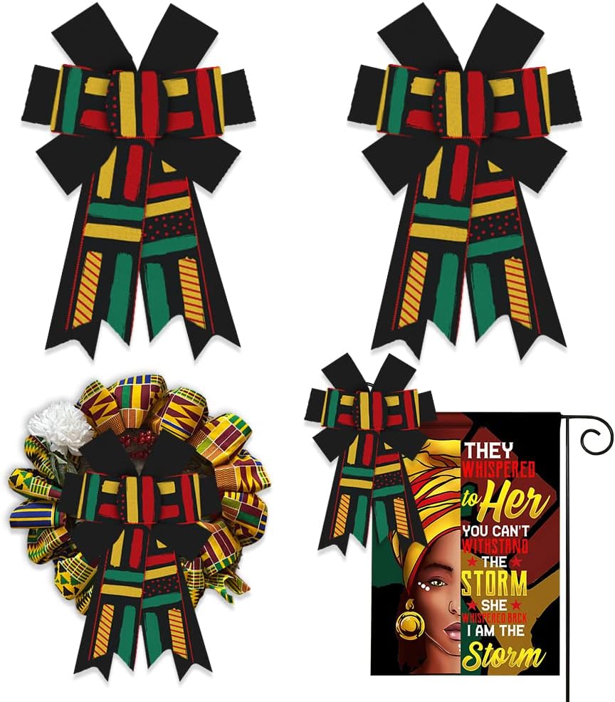 Bows & Ribbons - Estivaux 2 Pieces Juneteenth Bows for Wreath, Happy Kwanzaa Wreath Bows Yellow Black Burlap Bows African American Wreath Bows Freedom Day Craft Bows for Front Door Juneteenth Decorations