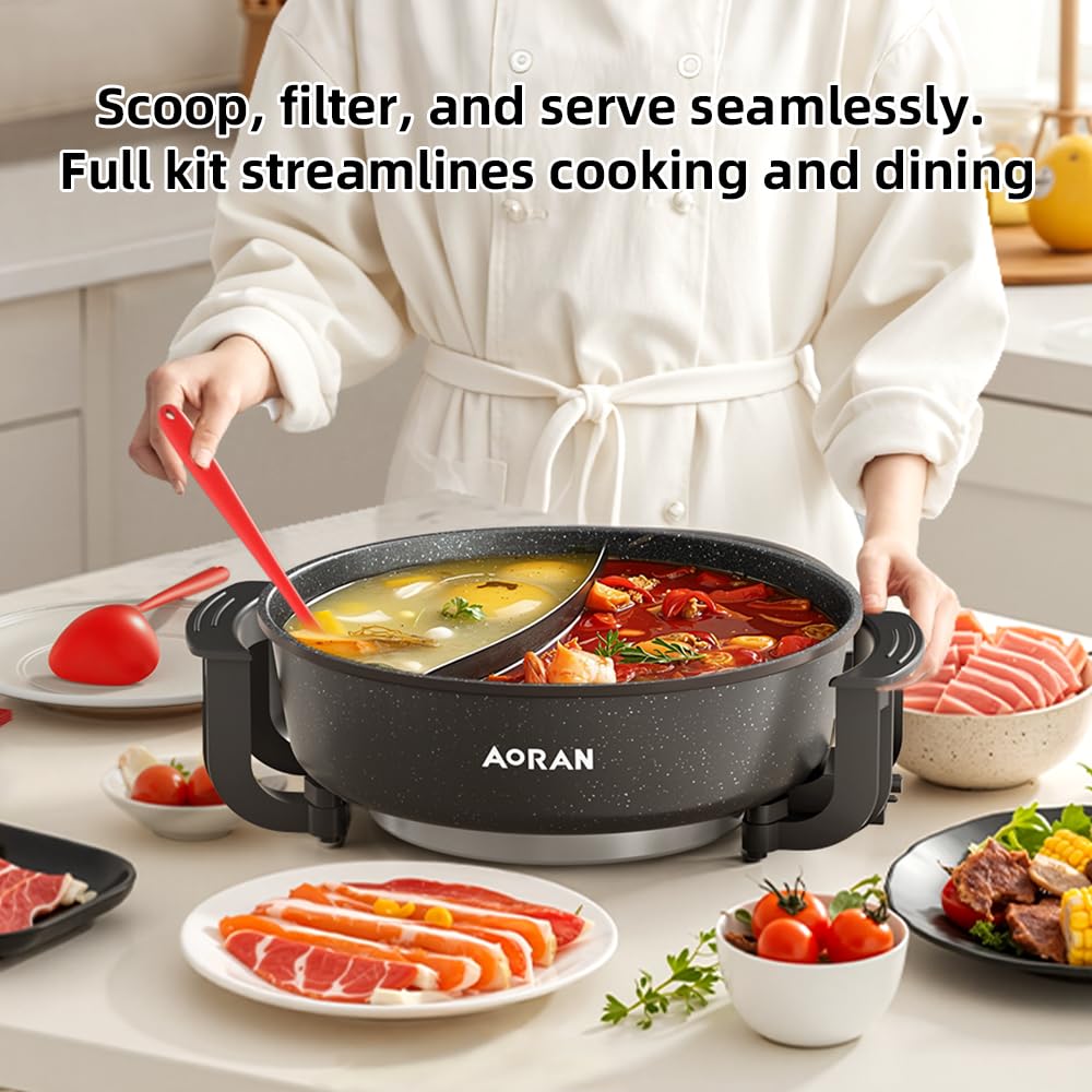 AORAN 6L Electric Hot Pot, Non-Stick Smokeless Cooking Pot with Divider for Hot Pot, Fondue, Shabu Shabu, Multi-Function, Includes Ladle, Tongs, Oil Brush, Food Tongs, Easy to Clean Black