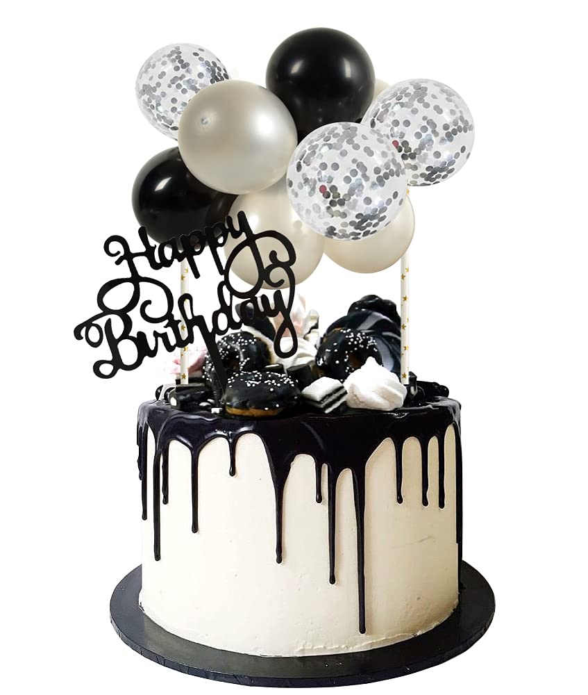 Silver Black Balloon Cloud Cake Topper 5 Inch 10pcs Transparent Metallic Confetti Mini Balloon Garland Cake Topper with Happy Birthday Letter Topper for Birthday Cake Decorations Wedding Bridal Party