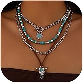 Hclian Western Necklaces Boho Layered Charm Necklace for Women Turquoise Beaded Choker Ox-head Pendant Necklace Western Jewelry for Women Cowgirl Accessories