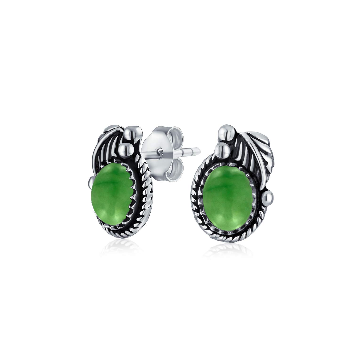 Native American Style Dyed Green Quartz Simulated Jade Gemstone Oval Bezel Leaf Rope Edged Stud Earrings Western Jewelry For Women Oxidized .925 Sterling Silver