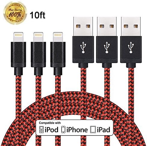 Winage 3Pack 10FT Nylon Braided Lightning Cable 8Pin to USB Charging Cable Cord with Aluminum Head Compatible with iPhone 7/ 7Plus, 6/6s/6 Plus/6s Plus/5/5c/5s/SE, iPad iPod Nano iPod Touch(Red&amp;Black)
