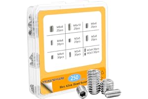 WK.HARDWARE 250 Hex Allen Head Socket Set Screws, Stainless Steel Internal Hex Drive Cup-Point Screws Assortment Kit （M3 M4 M5 M6 M8 ）