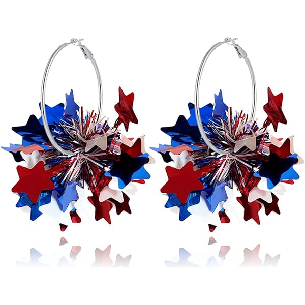 Patriotic USA Hoop Earrings - Red White Blue Enamel Star Dangle Earrings For Women