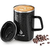 Ideus Vacuum Insulated Coffee Mug, 16oz Reusable Stainless Steel Thermal Double Walled cup with Handle and Slider Lid for Hot & Cold Beverages, BPA Free (Leapord Black)