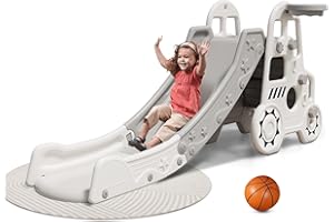 DOLLATE Indoor/Outdoor Slide for Toddlers 1-3, Foldable Kids Toddler Indoor Slide Playset, Indoor and Outdoor Playground, Toddler Climber Playset with Basketball Hoop and Ring Toss