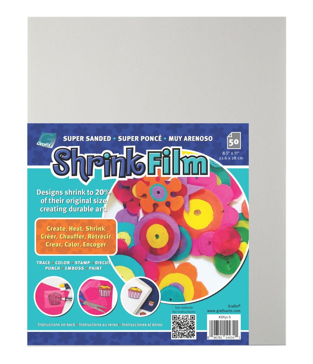 Grafix KSF50-S Sanded Shrink Film, 8-1/2 x 11 Inches, Pack of 50, White