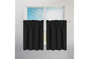 BAROSSA DESIGN Waffle Weave Half Window Tier Curtains: 36 Inch Short Length for Small Window in Kitchen & Bathroom, Waterproof and Washable - Black, W36 inch x L36 inch for Each Panel, Set of 2