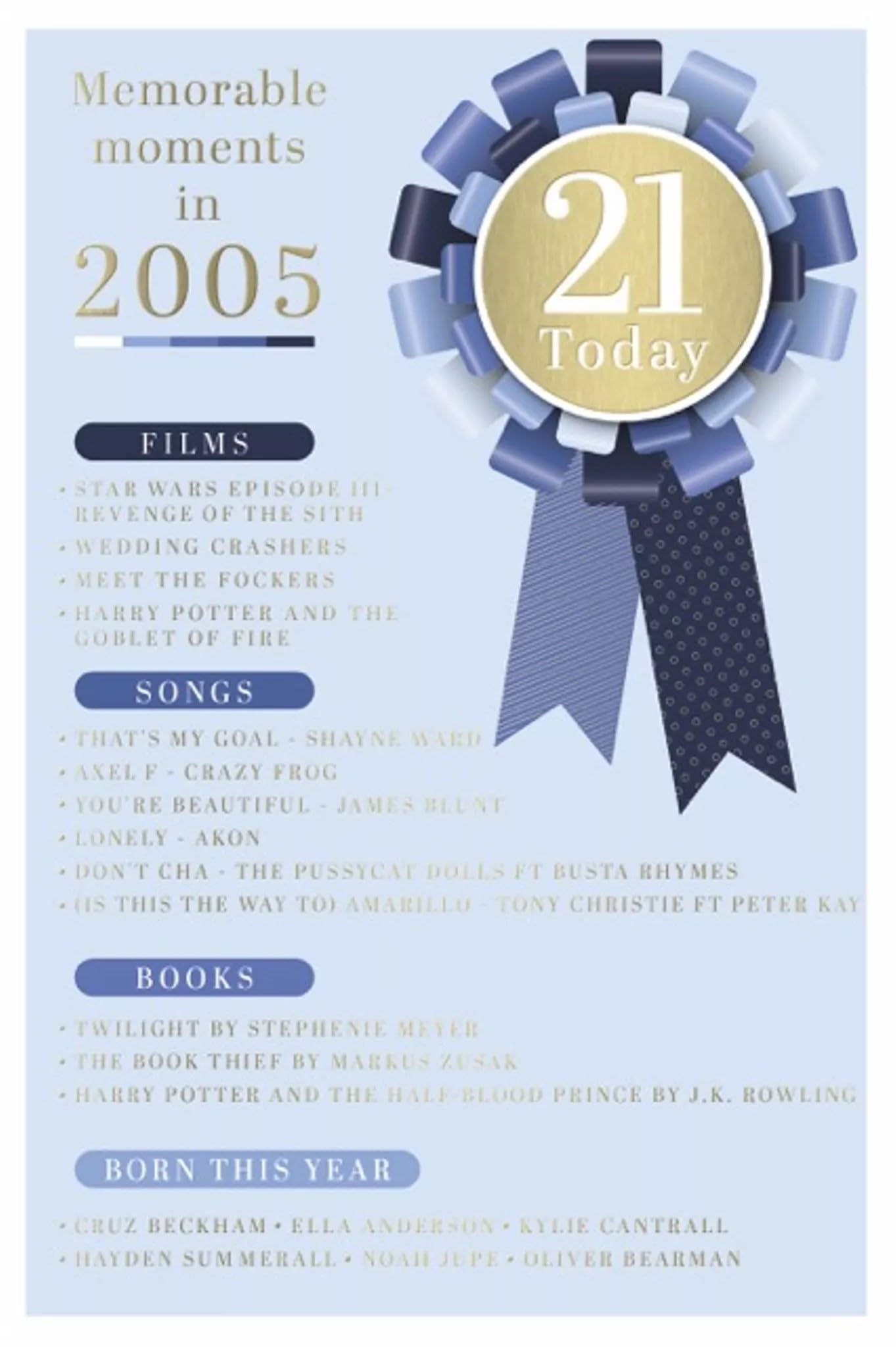 2026 21st Male Birthday Card - 2005 Was A Special Year - Age 21 Blue 9x6