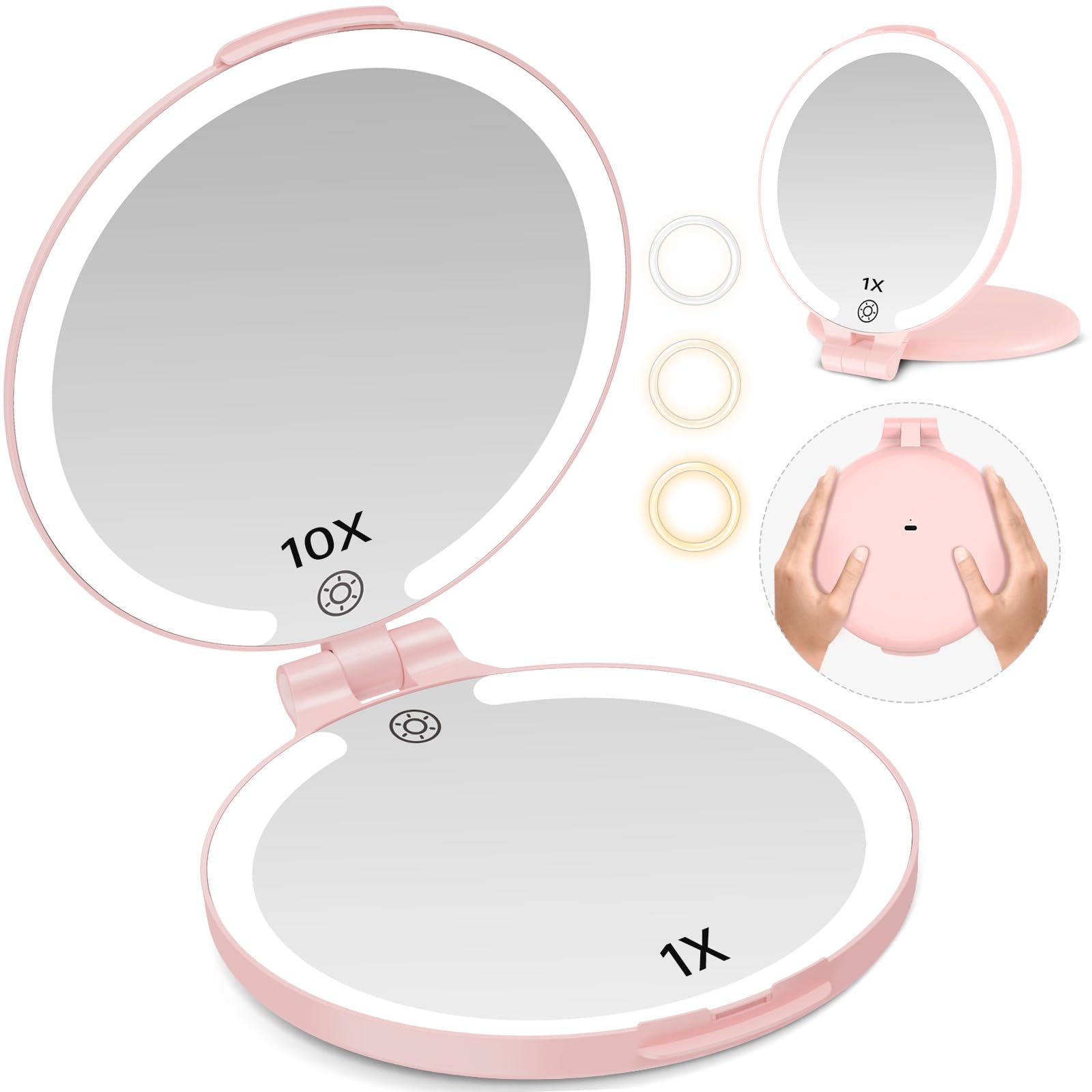 Famihomii 7'' Travel Makeup Mirror with Lights 10X Magnifying, 3 Color Portable Double Side Vanity Mirror with Rechargeable for Travel Essential, Gifts for Women
