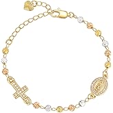Gold Rosary Bead Cross Bracelet - 14k Gold Plated Virgin Mary Bracelets,Non Tarnish Golden Religious Rosarios Catolicos Virgen de Guadalupe Jewelry,Catholic Confirmation Baptism Gifts for Women
