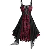 ROSE GAL Plus Size Womens Vintage Gothic Flower Flocking Lace-up Buckles Straps Sleeveless Midi Dress