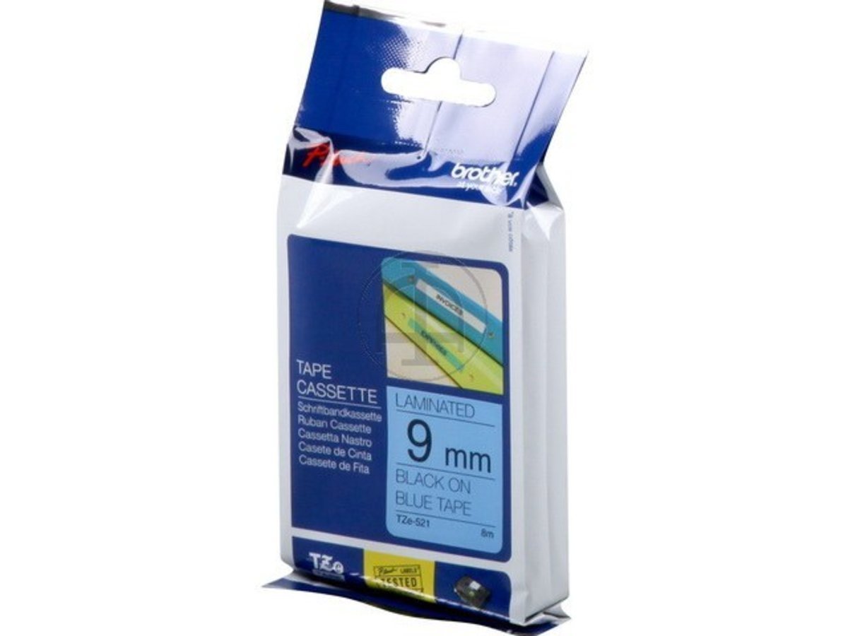 Brother TZe-521 Labelling Tape Cassette, 9 mm (W) x 8 m (L), Laminated, Brother Genuine Supplies - Black on Blue